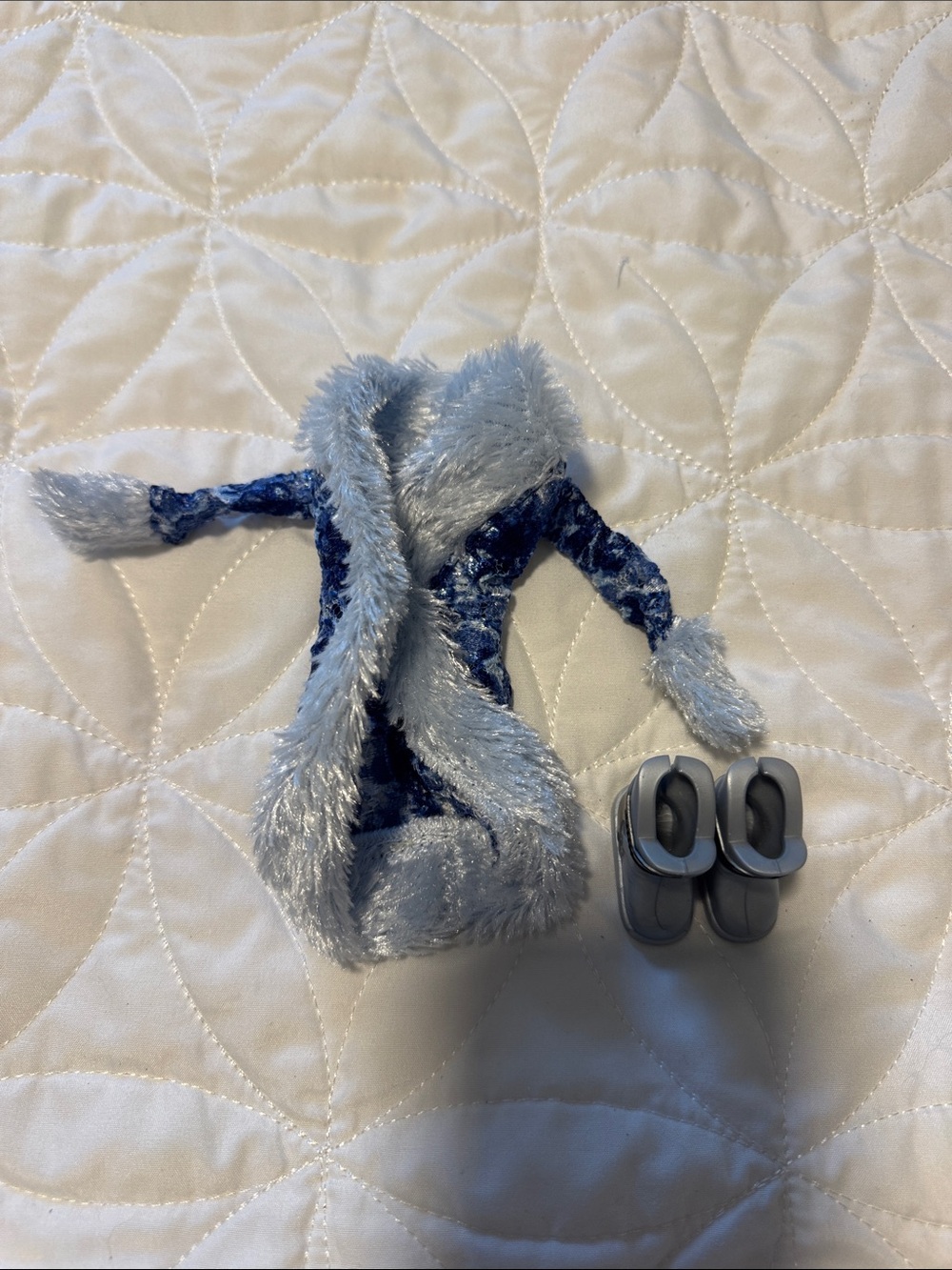 Barbie Blue Velvet Coat with Light Blue Faux-Fur Trim and Gray Boots